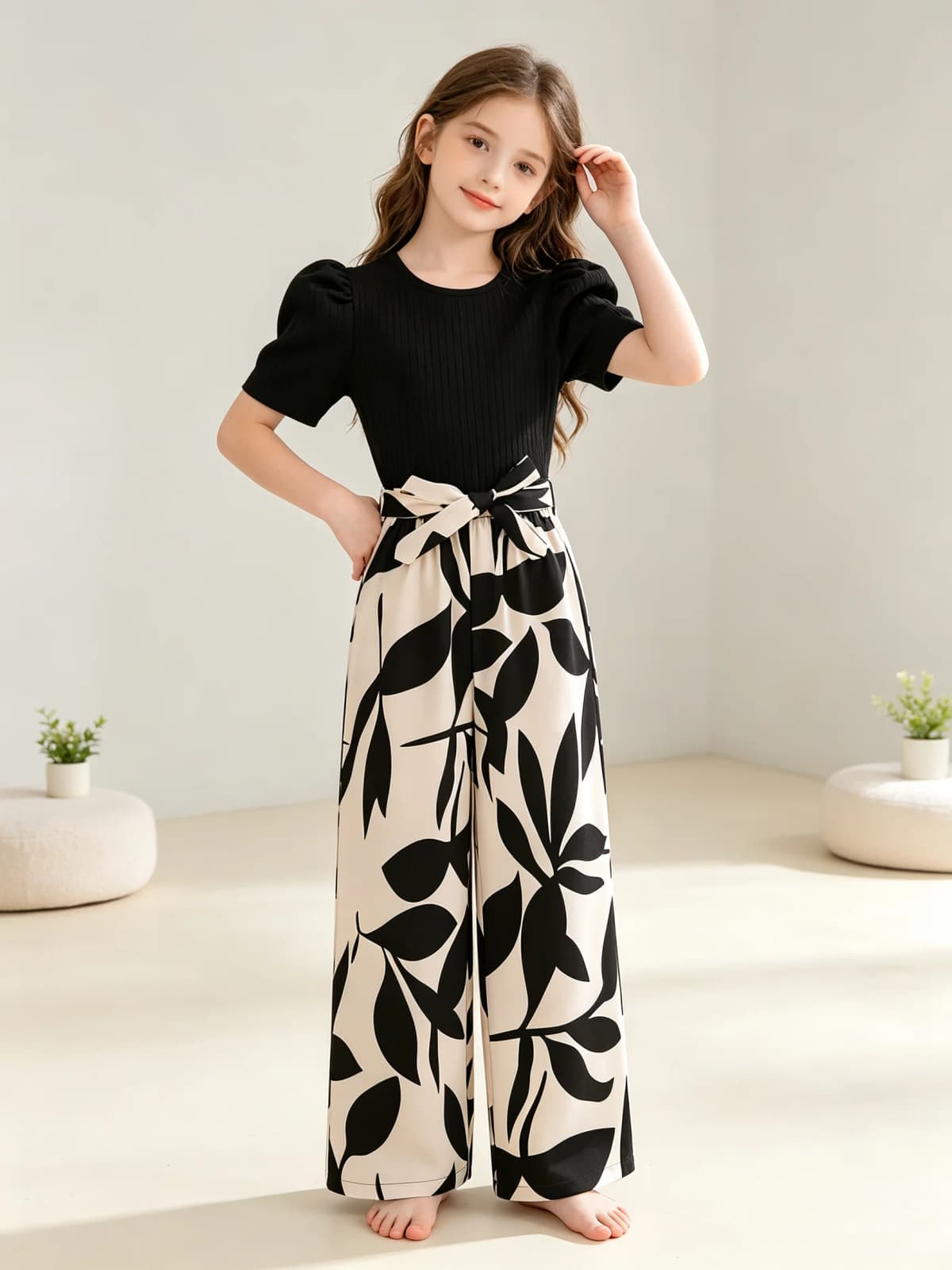 Girls Solid Color Bow Waist Tied Top And Wide Leg Pants Set Summer Vacation Outdoor Wear Comfortable Loose Fit Outfit for Kids