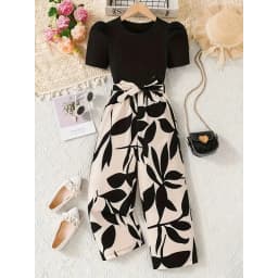 Girls Solid Color Bow Waist Tied Top And Wide Leg Pants Set Summer Vacation Outdoor Wear Comfortable Loose Fit Outfit for Kids