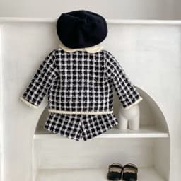 Spring and Autumn Two-Piece New Baby Girl Black Checkered Long-Sleeved Shirt with Open Top Jacket and Shorts
