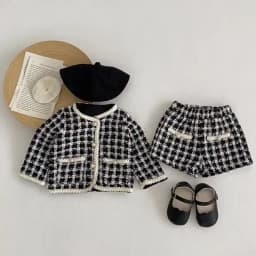 Spring and Autumn Two-Piece New Baby Girl Black Checkered Long-Sleeved Shirt with Open Top Jacket and Shorts