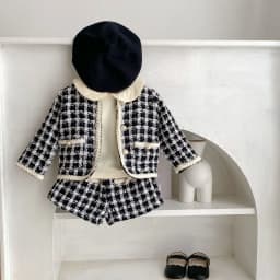 Spring and Autumn Two-Piece New Baby Girl Black Checkered Long-Sleeved Shirt with Open Top Jacket and Shorts