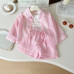 Summer New Girls Sunscreen Set Stripe Long Sleeve Shirt+Vest+Shorts Suit For 2-10Y Kids Fashion Sun UV Protection 3Pcs Outfit