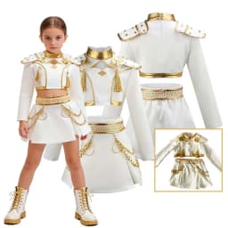 Girls Knight General Cosplay Costume White Gold Outfit Long Sleeve Top Skirt Set For Halloween Carnival Theme Party