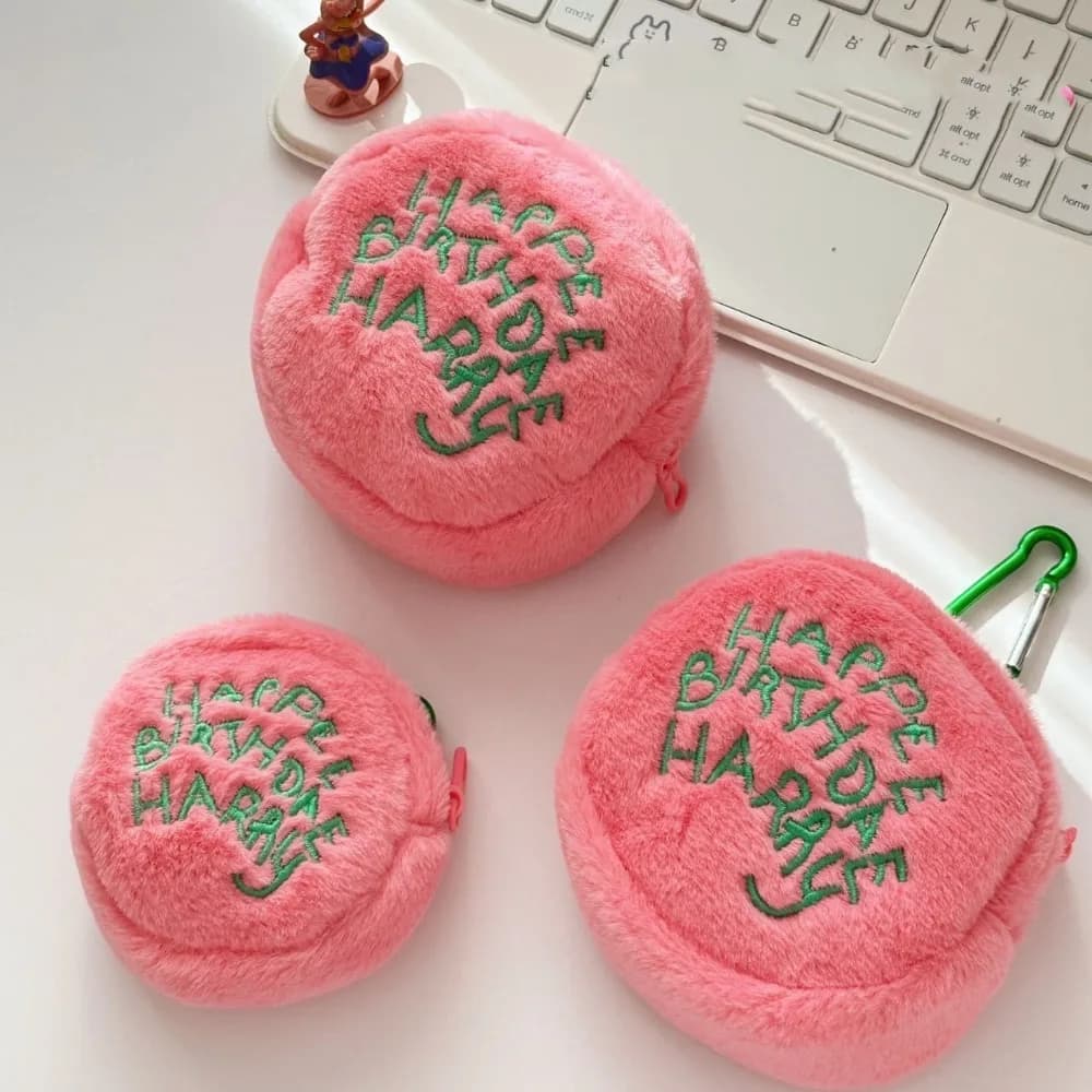 Pink Polka Dot Cute Plush Portable Wallet Mini Coin Purse Earphone Cable Organiser Coin Pouch Cake-Shaped Storage Bag