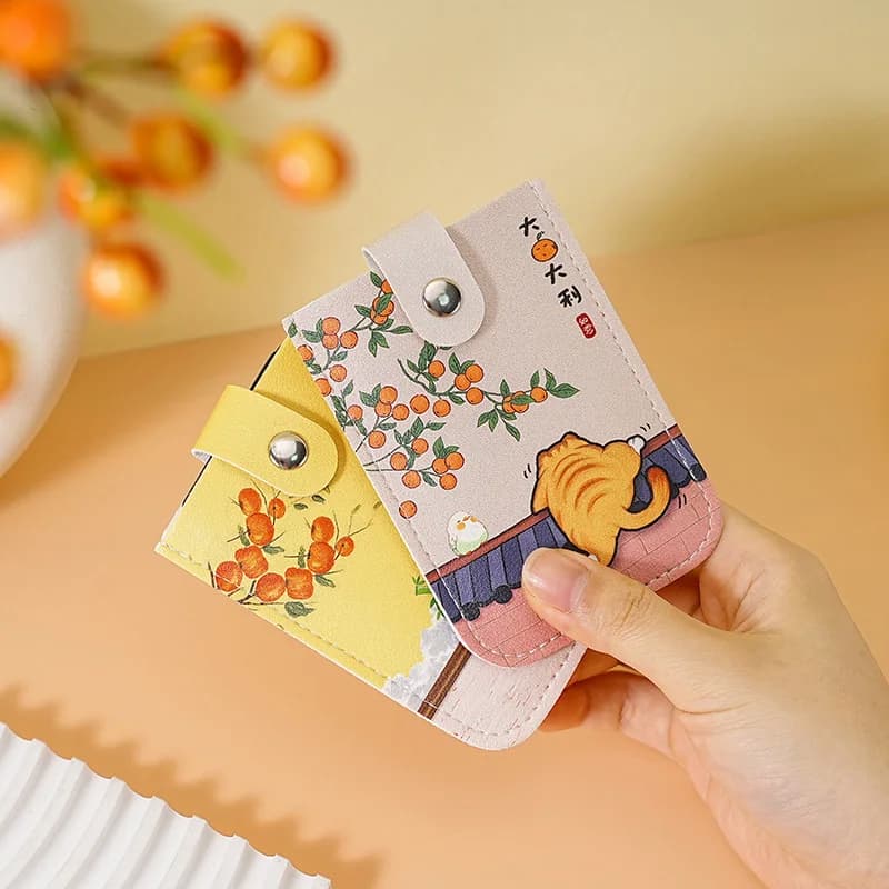 Chinese Style Cat & Orange Printed PU Leather Snap Button Card Holder