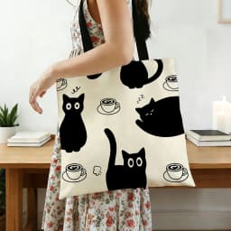 1pc Black Cat & Coffee Canvas Tote Bag – Cute Playful Kitten Print with Latte & Bean Patterns, Eco-Friendly Boho Shoulder Bag fo