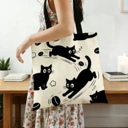 1pc Black Cat & Coffee Canvas Tote Bag – Cute Playful Kitten Print with Latte & Bean Patterns, Eco-Friendly Boho Shoulder Bag fo