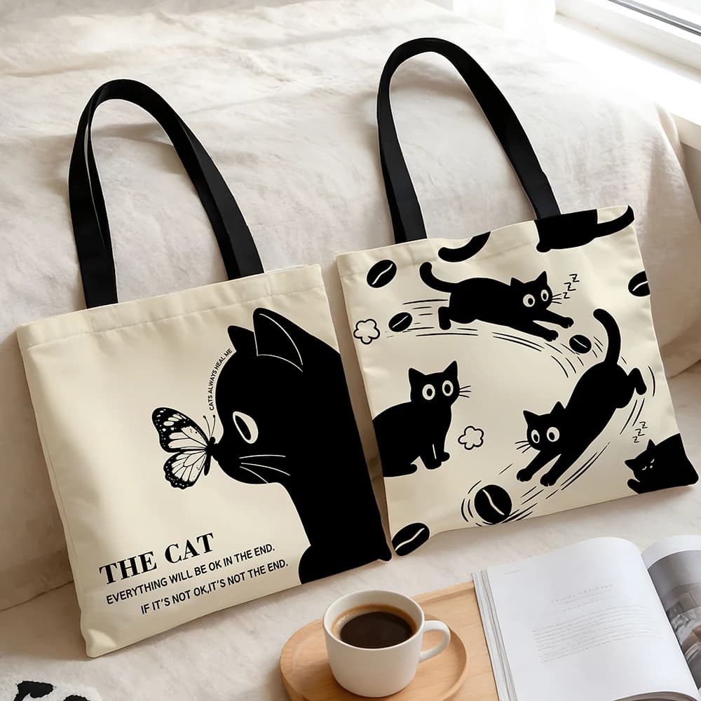 1pc Black Cat & Coffee Canvas Tote Bag – Cute Playful Kitten Print with Latte & Bean Patterns, Eco-Friendly Boho Shoulder Bag fo