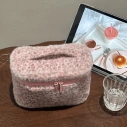 Wear-resistant Travel Toiletry Organizer Cute Storage CasePink Leopard Print Faux Fur Cosmetic Bag Women Plush Makeup Pouch