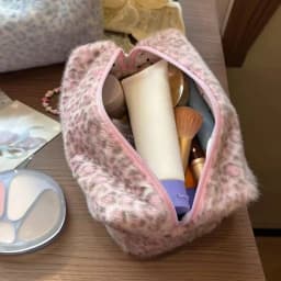 Wear-resistant Travel Toiletry Organizer Cute Storage CasePink Leopard Print Faux Fur Cosmetic Bag Women Plush Makeup Pouch
