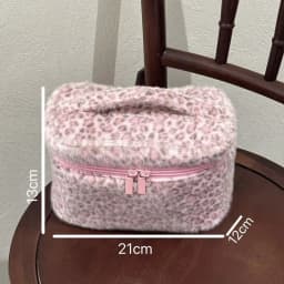 Wear-resistant Travel Toiletry Organizer Cute Storage CasePink Leopard Print Faux Fur Cosmetic Bag Women Plush Makeup Pouch