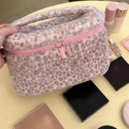 Wear-resistant Travel Toiletry Organizer Cute Storage CasePink Leopard Print Faux Fur Cosmetic Bag Women Plush Makeup Pouch