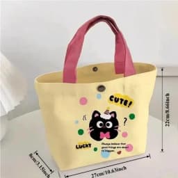 Pink Polka Dot Cat Canvas Handbag, Cute Mini Dopamine Bento Bag Lightweight Tote Bag for Daily Commute Outdoor Shopping