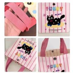Pink Polka Dot Cat Canvas Handbag, Cute Mini Dopamine Bento Bag Lightweight Tote Bag for Daily Commute Outdoor Shopping