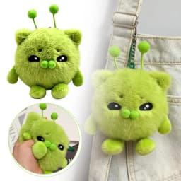 Cute Green Alien Cat Keychain Kawaii Soft Bag Charm Pendant Funny Plushie Toy Stress Relief Ornament Gift