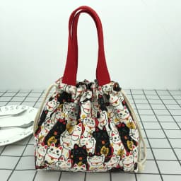 Japanese Cute Bento Bag Tote Canvas Lunch Bags Cartoon Anime Drawstring Bag Foldable Holds Two Lunch Boxes