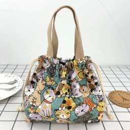 Japanese Cute Bento Bag Tote Canvas Lunch Bags Cartoon Anime Drawstring Bag Foldable Holds Two Lunch Boxes