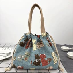 Japanese Cute Bento Bag Tote Canvas Lunch Bags Cartoon Anime Drawstring Bag Foldable Holds Two Lunch Boxes