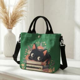 Cute Black Cat Stacked Book Floral Print Tote Bag Detachable Strap Crossbody Handbag For Women Daily Shopping