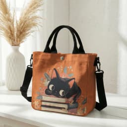 Cute Black Cat Stacked Book Floral Print Tote Bag Detachable Strap Crossbody Handbag For Women Daily Shopping