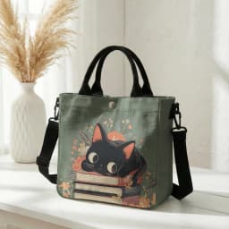 Cute Black Cat Stacked Book Floral Print Tote Bag Detachable Strap Crossbody Handbag For Women Daily Shopping