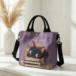 Cute Black Cat Stacked Book Floral Print Tote Bag Detachable Strap Crossbody Handbag For Women Daily Shopping