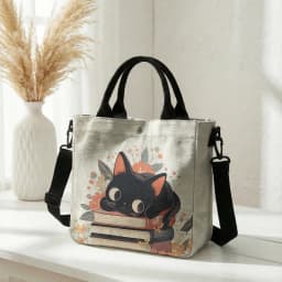 Cute Black Cat Stacked Book Floral Print Tote Bag Detachable Strap Crossbody Handbag For Women Daily Shopping