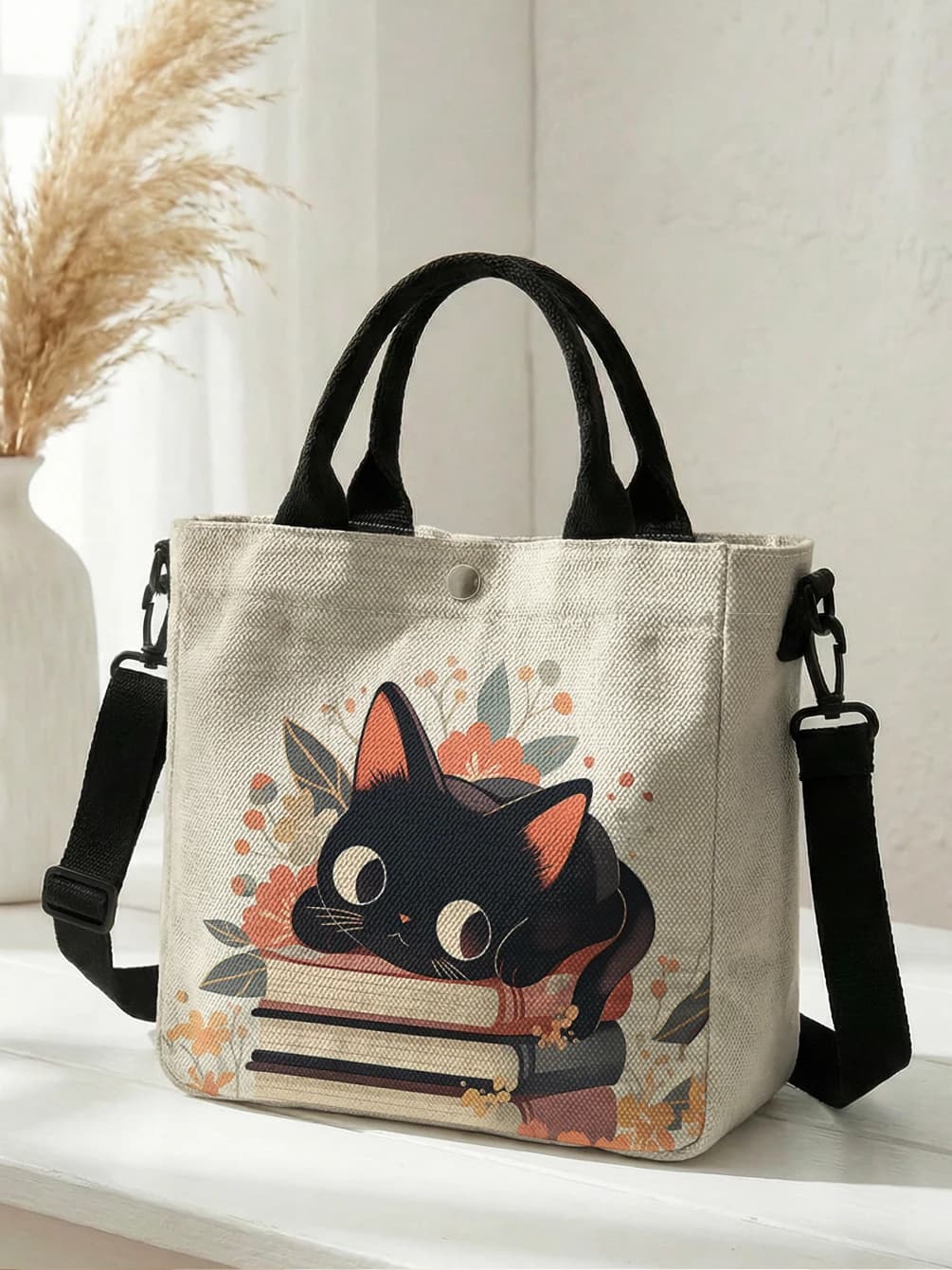 Cute Black Cat Stacked Book Floral Print Tote Bag Detachable Strap Crossbody Handbag For Women Daily Shopping
