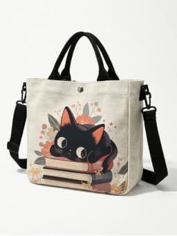 Cute Black Cat Stacked Book Floral Print Tote Bag Detachable Strap Crossbody Handbag For Women Daily Shopping