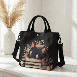 Cute Black Cat Stacked Book Floral Print Tote Bag Detachable Strap Crossbody Handbag For Women Daily Shopping