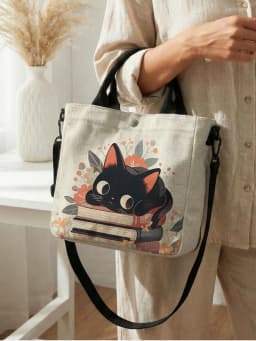 Cute Black Cat Stacked Book Floral Print Tote Bag Detachable Strap Crossbody Handbag For Women Daily Shopping