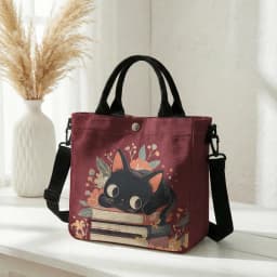 Cute Black Cat Stacked Book Floral Print Tote Bag Detachable Strap Crossbody Handbag For Women Daily Shopping