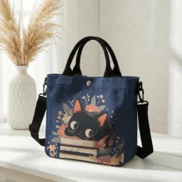 Cute Black Cat Stacked Book Floral Print Tote Bag Detachable Strap Crossbody Handbag For Women Daily Shopping