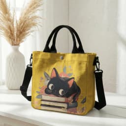 Cute Black Cat Stacked Book Floral Print Tote Bag Detachable Strap Crossbody Handbag For Women Daily Shopping