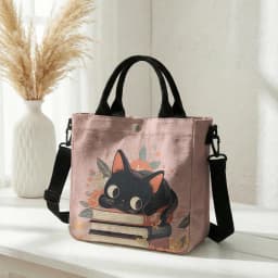 Cute Black Cat Stacked Book Floral Print Tote Bag Detachable Strap Crossbody Handbag For Women Daily Shopping