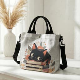 Cute Black Cat Stacked Book Floral Print Tote Bag Detachable Strap Crossbody Handbag For Women Daily Shopping