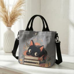 Cute Black Cat Stacked Book Floral Print Tote Bag Detachable Strap Crossbody Handbag For Women Daily Shopping