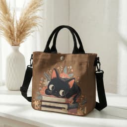 Cute Black Cat Stacked Book Floral Print Tote Bag Detachable Strap Crossbody Handbag For Women Daily Shopping
