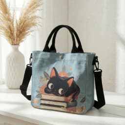 Cute Black Cat Stacked Book Floral Print Tote Bag Detachable Strap Crossbody Handbag For Women Daily Shopping