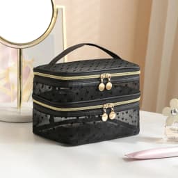 Double-layers Black Mesh Cosmetic Bag Travel Portable Large-Capacity Makeup Case Organizer Storage Pouch Zipper Toiletry Bags