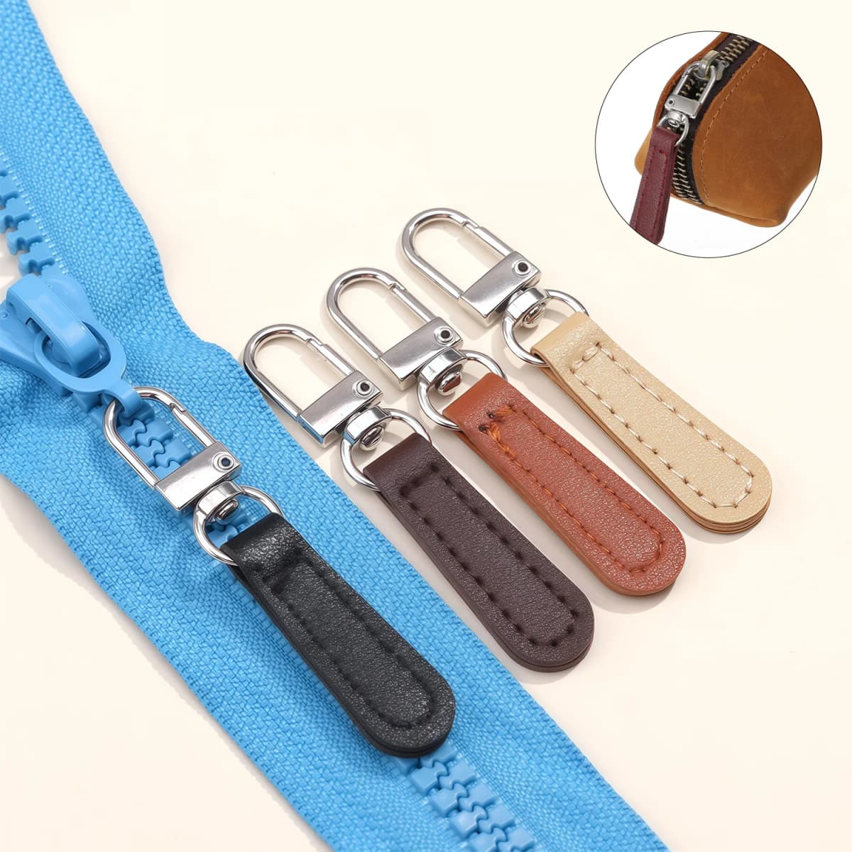 4pcs PU Leather Zipper Pull Replacement, Pull Zipper Tabs Fasteners for Bags Luggage Purses Backpacks