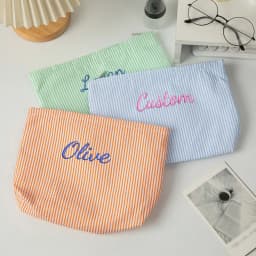 Customised Embroidery/Standard Style 2 Options, Bubble Gauze Striped Makeup Bag, Storage Pouch, Back-to-School Season