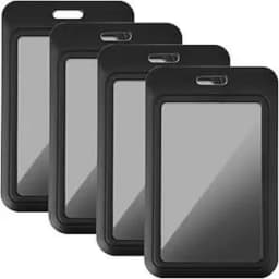 5Pcs Sliding Badge Holder - Hard Black Vertical Plastic Card Case Protector with Retractable Badge Reel Carabiner