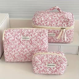 Fashion Vintage Flower Women Makeup Bag Cotton Tote Portable Female Cosmetic Storage Handbag Travel Organizer Zipper Quilted Bag
