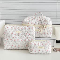 Fashion Vintage Flower Women Makeup Bag Cotton Tote Portable Female Cosmetic Storage Handbag Travel Organizer Zipper Quilted Bag
