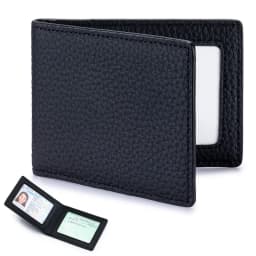 Thin Minimalist Bifold Design Driver's Licence Cover Genuine Leather ID Badge Window Slot Credit and Debit Vaccinum Cards Holder