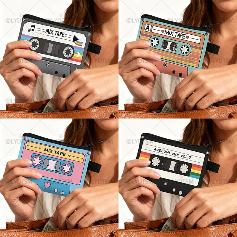 Cute Tape Cassette Case Graphic Print Coin Purses Women Men Wallet ID Credit Card Lipstick Key Storage Bag Money Coin Bag