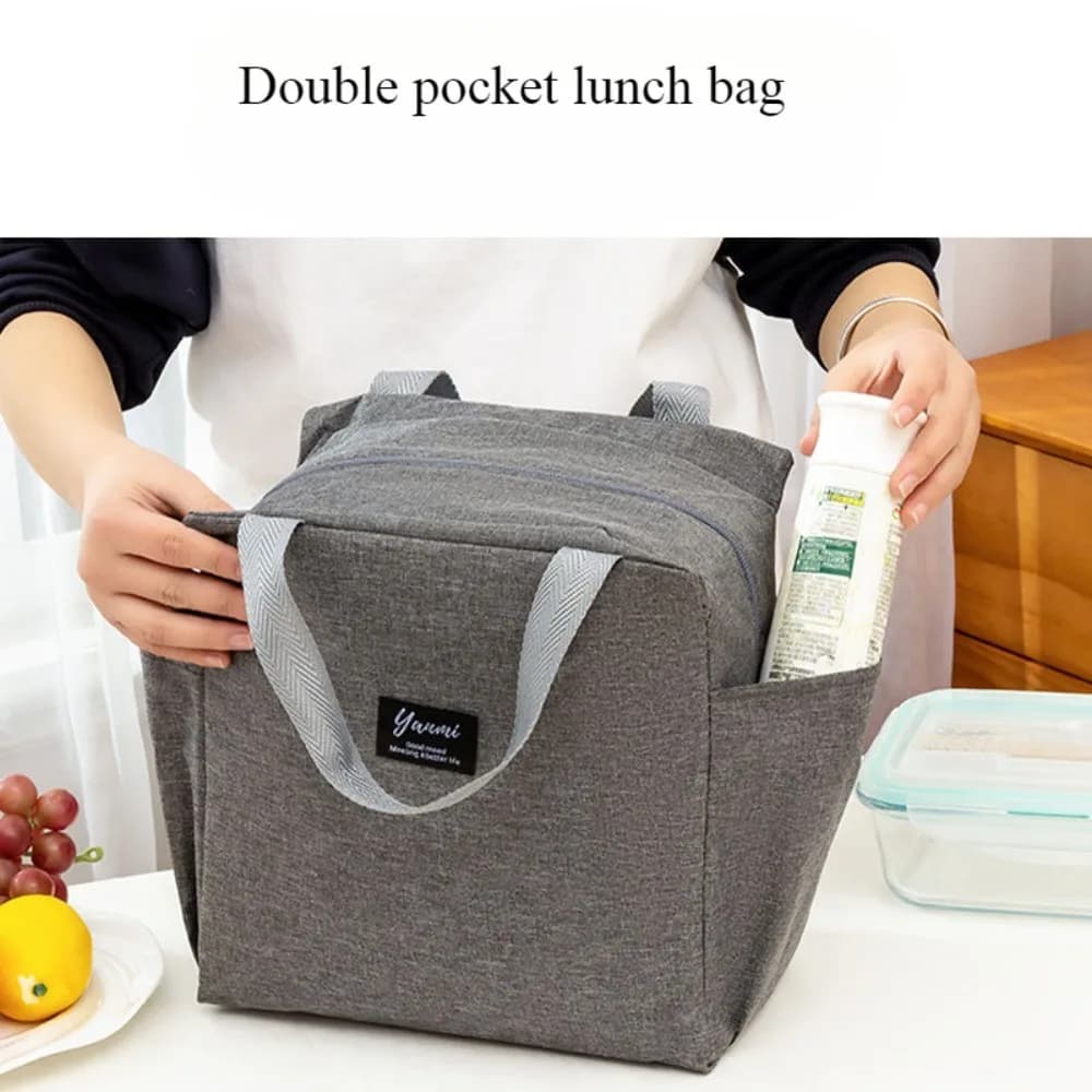 Double Pockets Portable Lunch Bag Lunch Box Insulated Canvas Tote Bag School Lunch Portable Dinner Box Picnic Food Storage
