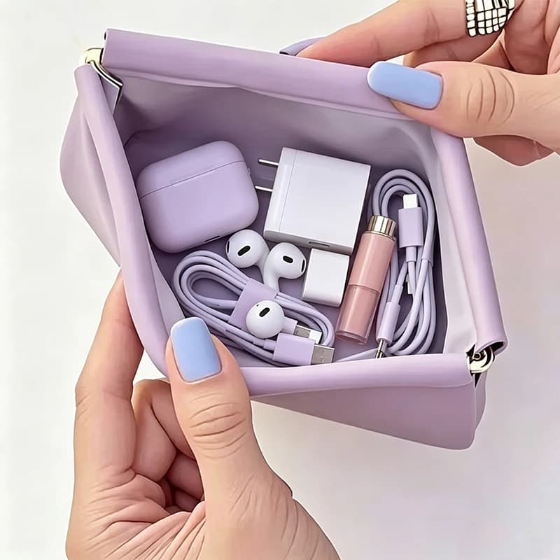 Automatic Closed Purse Bag Mini PU Separate Earphone Charging Cable Storage Bag Portable Zero Wallet Coin Lipstick Storage Bag