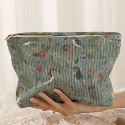 1pc, Branch Bird Pattern Corduroy Zipper Makeup Bag, Lightweight and Multifunctional Cosmetic Storage Bag